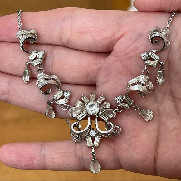 Titan Sterling Jewelry - 1950s Titan Sterling signed filigree crystal vintage necklace